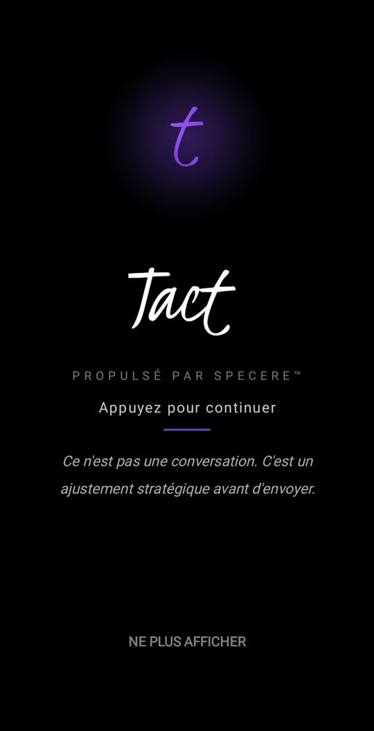 Écran d'ouverture de Tact : le logo en script blanc sur fond noir.